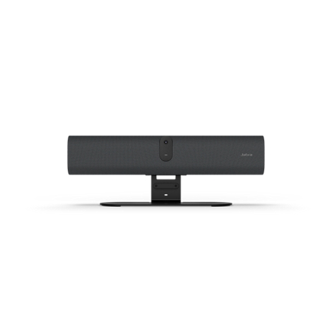 Schwarze Jabra Videokonferenz-Kamera mit integrierter Soundbar auf einem Standfuß vor weißem Hintergrund.