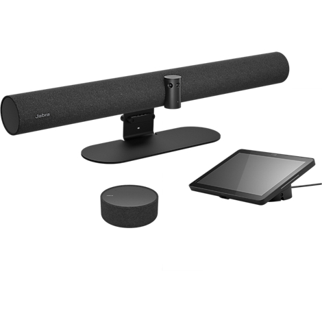 Videokonferenz-Set von Jabra: Soundbar mit Kamera, runder Lautsprecher und Touch-Controller auf weißem Hintergrund.