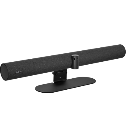 Schwarze Jabra Videokonferenz-Soundbar mit Kamera auf Standfuß vor weißem Hintergrund.