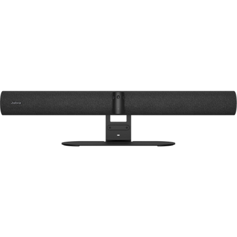 Schwarze Jabra Videokonferenz-Leiste auf einem stabilen Standfuß vor weißem Hintergrund.