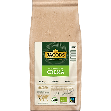 Koffiepakket met het Jacobs-logo en de tekst 'Crema'.