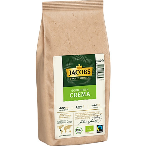 Jacobs Professional koffiebonenzak, 'Good Origin Crema'. Bruine verpakking met groen label, tekst in het Duits en logo.