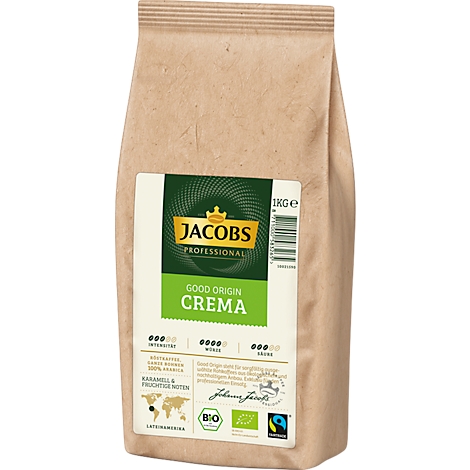 Koffiezak met Jacobs-logo. Opschrift: "Good Origin Crema", 1kg, bio.