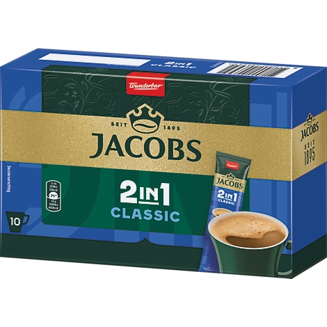 Verpackung von Jacobs 2in1 Classic Kaffeesticks, 10 Portionen, vor blauem Hintergrund.