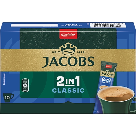 Jacobs 2in1 Classic Kaffee-Sticks Verpackung, 10 Stück enthalten.