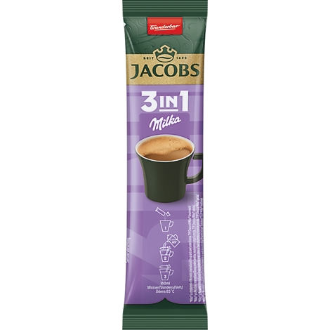 Jacobs 3in1 Milka Kaffeestick in violetter Verpackung mit Abbildung einer Tasse Kaffee und Zubereitungshinweisen.