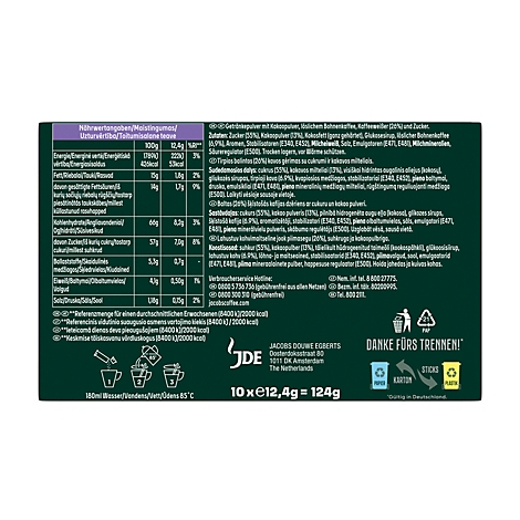 Rückseite einer Kaffeepulver-Verpackung mit Nährwerttabelle, Zutatenliste und Zubereitungshinweisen auf dunklem Hintergrund.