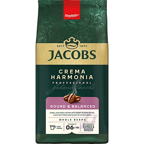 Kaffeepackung von Jacobs mit Aufschrift 'Crema Harmonia'. Zu sehen sind Kaffeebohnen und das Etikett 'Round & Balanced'.