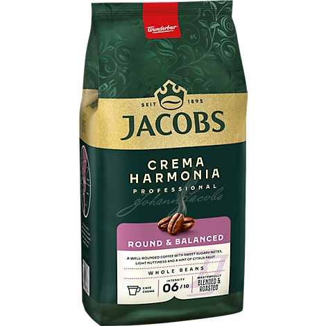 Kaffeepackung von Jacobs Crema Harmonia mit Kaffeebohnen und Schriftzug.