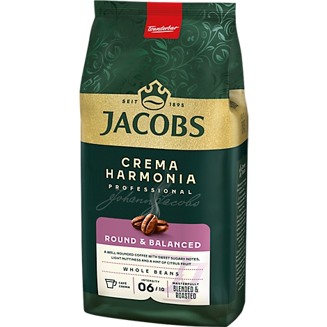 Jacobs Crema Harmonia Kaffeebohnenpackung mit rotem Siegel und Kaffeebohnen-Illustration. Text: Round & Balanced.