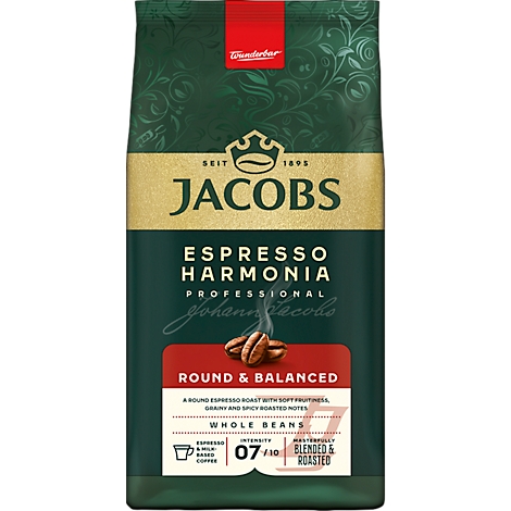 Kaffeepackung von Jacobs Espresso Harmonia. Aufdruck: "Round & Balanced", ganze Bohnen. Rot, Grün, Gold.
