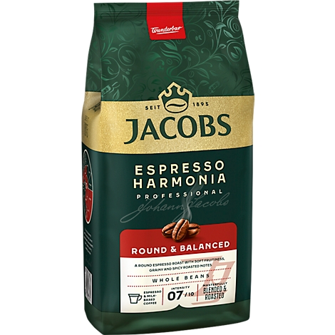 Grüne Kaffeeverpackung mit "Jacobs Espresso Harmonia", Kaffee Bohnen. Rot unterlegt steht "Round & Balanced".