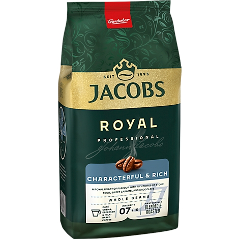 Jacobs Royal Kaffeebeutel. Grün mit goldenen Akzenten. Produktbeschreibung, Kaffeebohnen Abbildung und "Characterful & Rich" Text.