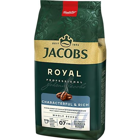Jacobs Royal Kaffeepackung. Dunkelgrün, goldfarbener Schriftzug. Geröstete Kaffeebohnen, Schriftzug: "Characterful & Rich".