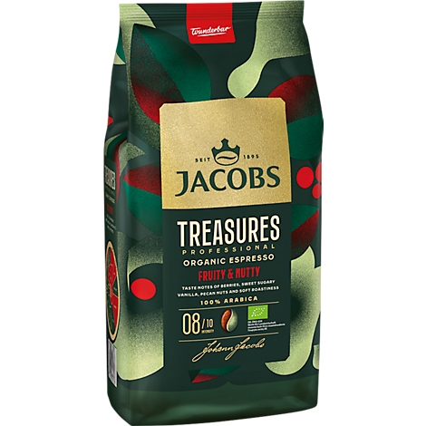 Jacobs Treasures Kaffeebeutel, grün-braunes Design, Aufschrift 'Fruity & Nutty'.