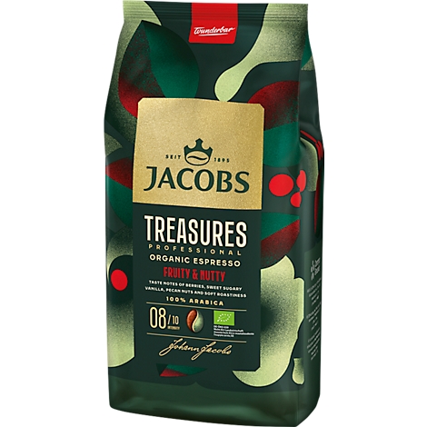 Eine Kaffeepackung mit der Aufschrift 'Jacobs Treasures'. Grün-rot-dunkelgrüner Hintergrund, goldener Textbereich.