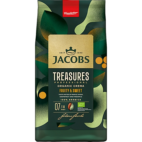 Paquet de café Jacobs Treasures, vert foncé avec un logo doré et les mots "Fruity & Sweet".