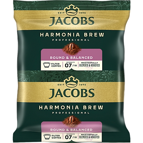 Emballage de café Jacobs Harmonia Brew. Vert foncé avec des accents dorés, texte : Harmonia Brew, Round & Balanced, intensité 7/10.