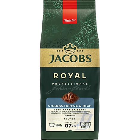 Paquet de café Jacobs Royal. Vert avec rouge, avec lettrage et logo. Texte en bas : « Characterful & Rich ».