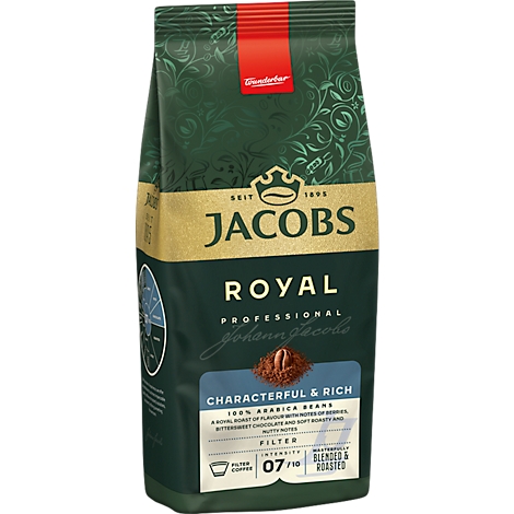 Paquet de café Jacobs Royal avec lettrage vert et or, image du produit.