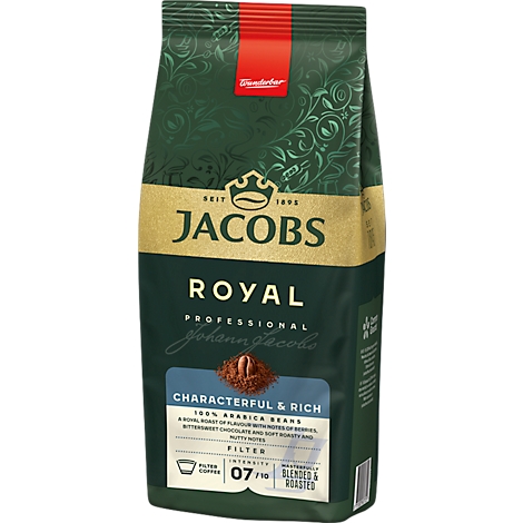 Paquet de café Jacobs Royal. Vert avec lettrage doré, dont "Jacobs Royal", intensité 07/10. Illustration de poudre de café.