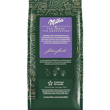 Rückseite einer Milka Choco Typ Cappuccino Kaffeeverpackung mit Text und Logo.