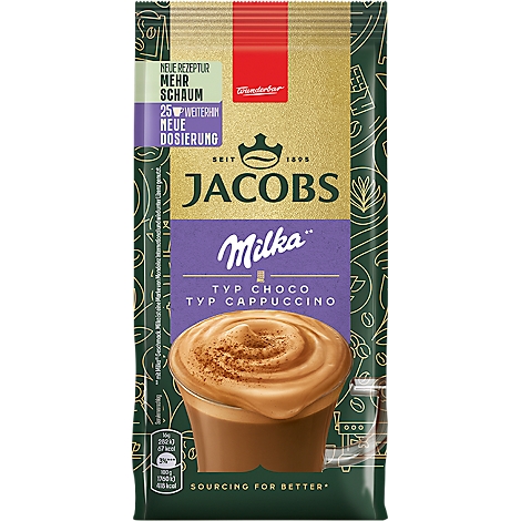 Jacobs Milka Cappuccino Packung, lila Akzent, mit Schaum-Illustration.