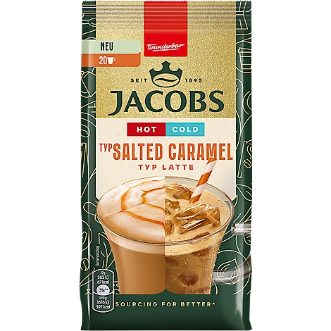 Paquet de Jacobs Latte avec boisson caramel salé chaude et froide. Inscriptions 'Jacobs', 'Salted Caramel' et 'Hot Cold'.