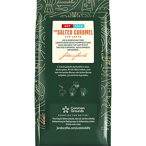 Rückseite einer Kaffeepackung mit Schriftzug SALTED CARAMEL. Anweisungen zur Zubereitung.