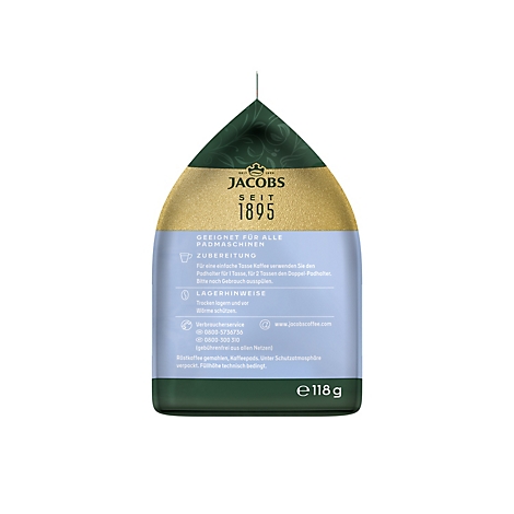 Jacobs Kaffeepad-Verpackung, Rückseite mit Produktinformationen und Zubereitungshinweisen.