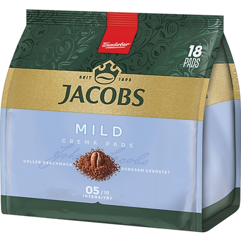 Packung Jacobs Mild Crema Pads für 18 Portionen in grüner und hellblauer Optik mit Kaffeebohnenmotiv.