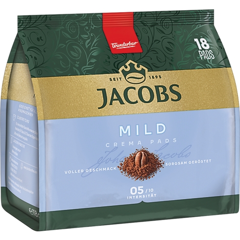 Packung Jacobs Crema Pads Mild, hellblaue Vorderseite mit goldener Banderole, 18 Pads, Intensität 5/10.