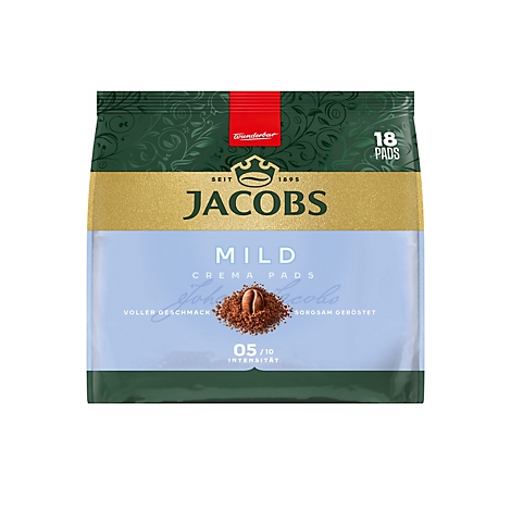 Packung Jacobs Crema Pads Mild, hellblauer Hintergrund, mit Kaffeebohnenmotiv und 18-Pads-Hinweis.