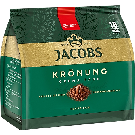 Packung Jacobs Krönung Crema Pads mit 18 Stück in grüner Verpackung mit Goldprägung und Kaffeebohne.
