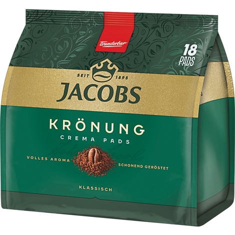 Grüne Jacobs Krönung Crema Pads Kaffeeverpackung mit 18 Pads, Goldakzenten und Kaffeebohnensymbol.