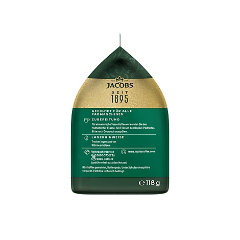 Rückseite einer Jacobs Kaffeepad-Packung in Grün und Gold mit Zubereitungshinweisen und 118g Gewicht.