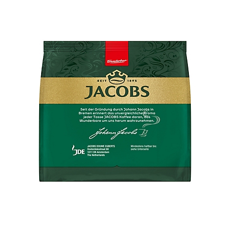 Grüne Jacobs Kaffeeverpackung mit goldenem Markenschriftzug und Werbetext auf der Vorderseite.