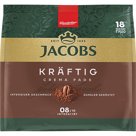 Jacobs Kräftig Crema Kaffeepads in brauner Verpackung mit goldener Schrift und Logo, 18 Stück.