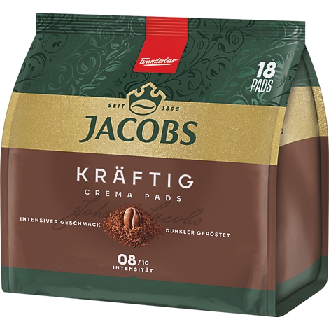 Jacobs Kräftig Crema Pads Kaffeeverpackung mit 18 Stück, dunkle Röstung, Intensität 8 von 10.