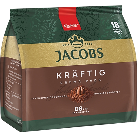 Packung Jacobs Kräftig Crema Pads mit 18 Kaffeepads in dunkelgrünem und braunem Design.