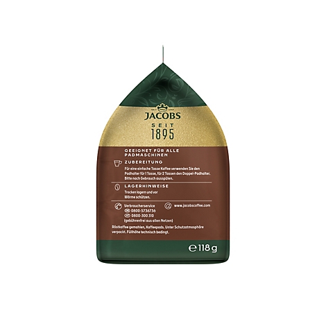 Jacobs Kaffeepad-Verpackung, Rückseite mit Anwendungshinweisen, auf weißem Hintergrund.