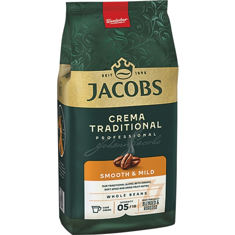 Grüne Kaffeeverpackung von Jacobs Crema Traditional mit goldener Banderole und Kaffeebohnenmotiv.