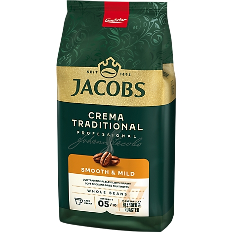 Grüne Jacobs Kaffeepackung Crema Traditional mit Kaffeebohnenmotiv und goldener Beschriftung.