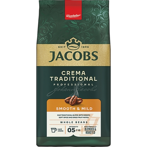 Dunkelgrüne Kaffeeverpackung Jacobs Crema Traditional mit Logo, Kaffeebohnen und Intensitätsangabe 5 von 10.
