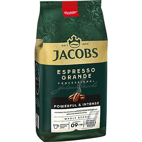 Dunkelgrüne Jacobs Espresso Grande Kaffeebohnenverpackung mit goldfarbenem Markenlogo und Intensitätsangabe 09 von 10.