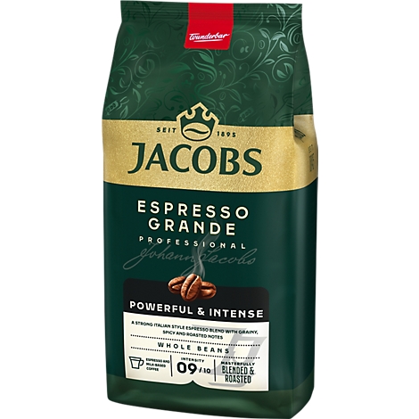 Jacobs Espresso Grande Kaffeebohnen Packung in Dunkelgrün mit goldenen Akzenten und abgebildeten Kaffeebohnen.