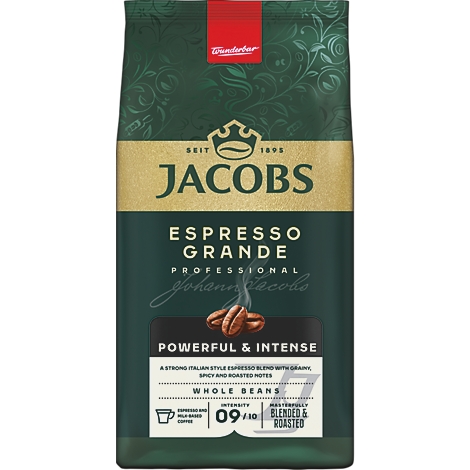 Dunkelgrüne Jacobs Espresso Grande Kaffeebohnenpackung mit intensiver Kaffeebohnenabbildung.