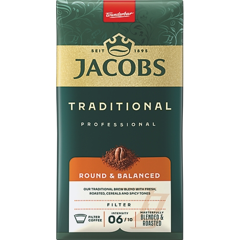 Jacobs Traditional Professional Kaffeeverpackung in Dunkelgrün mit goldener Krone, Intensität 6 von 10.