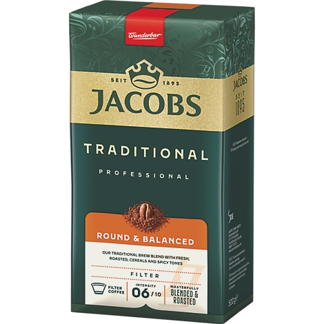 Jacobs Professional Traditional Filterkaffee Packung in Dunkelgrün mit goldfarbenem Schriftzug.