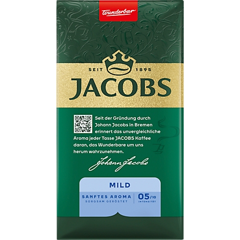 Un paquet de café Jacobs, vert avec des accents dorés. En haut, il est écrit 'Wunderbar', en dessous 'Jacobs', 'Mild' et '05/10'.